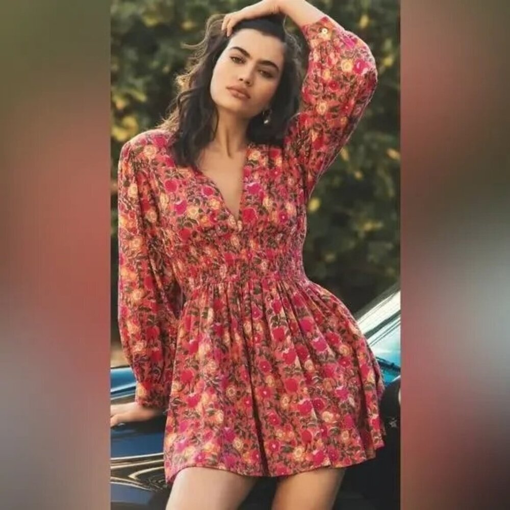 Mille Resort Claudia Floral Smocked Mini Dress V-Neck Long Sleeve S 100% Cotton